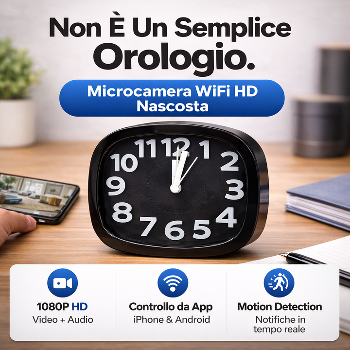 Orologio da Scrivania con Microcamera WiFi HD 1080P – Audio in Tempo Reale e Rilevamento Movimento da App Klondo