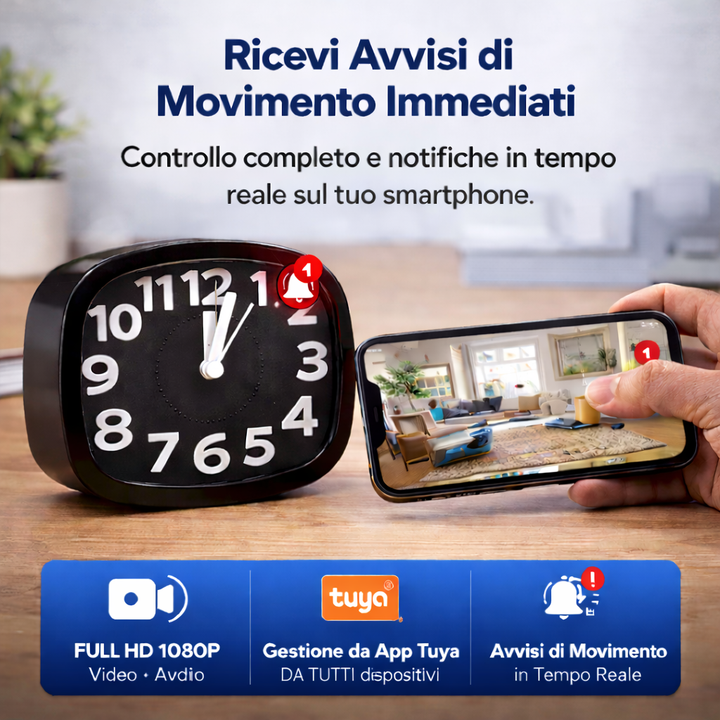 Orologio da Scrivania con Microcamera WiFi HD 1080P – Audio in Tempo Reale e Rilevamento Movimento da App Klondo