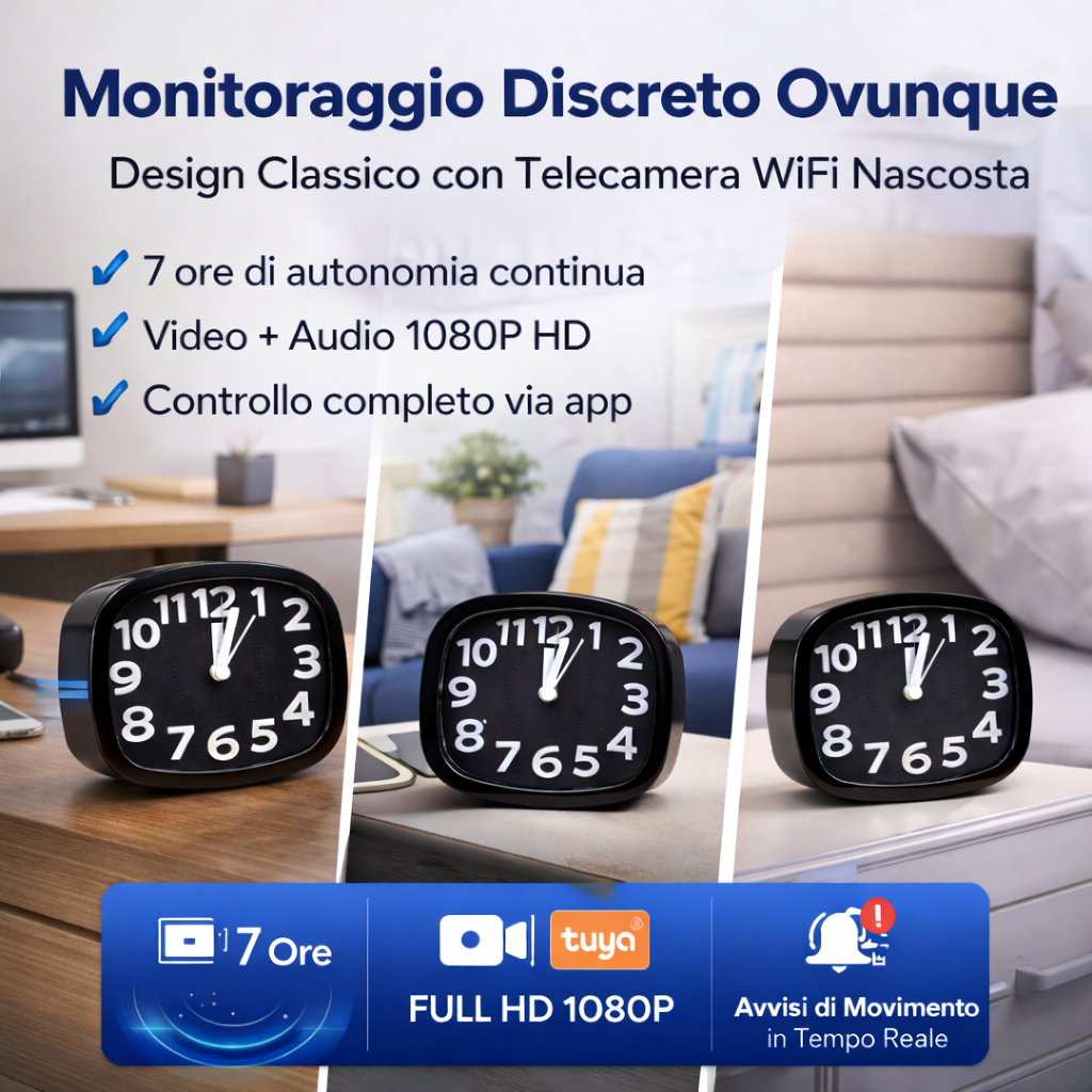 Orologio da Scrivania con Microcamera WiFi HD 1080P – Audio in Tempo Reale e Rilevamento Movimento da App Klondo