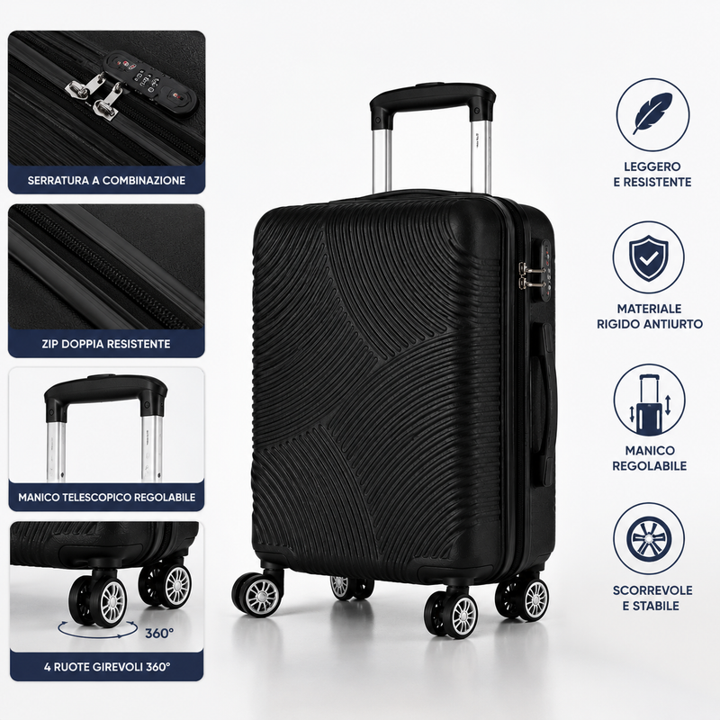 Trolley Rigido da Cabina 50x38x23 cm, Bagaglio a Mano, 4 Ruote Rimovibili 360°, Serratura a Combinazione Klondo