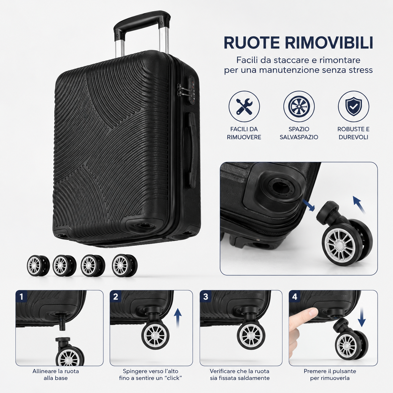 Trolley Rigido da Cabina 50x38x23 cm, Bagaglio a Mano, 4 Ruote Rimovibili 360°, Serratura a Combinazione Klondo