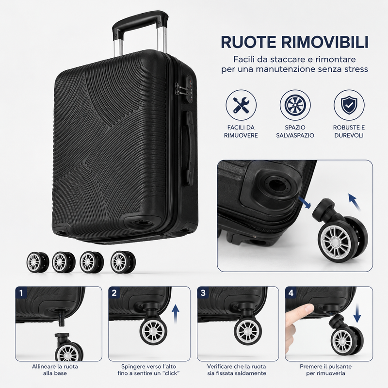 Trolley Rigido da Cabina 50x38x23 cm, Bagaglio a Mano, 4 Ruote Rimovibili 360°, Serratura a Combinazione Klondo