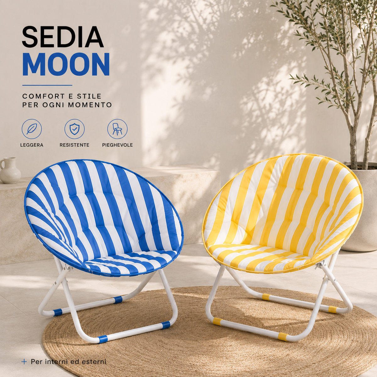 Poltrona Moon Pieghevole con Cuscino Imbottito, Sedia Relax da Giardino e Interno, Design Moderno, Blu o Giallo Klondo