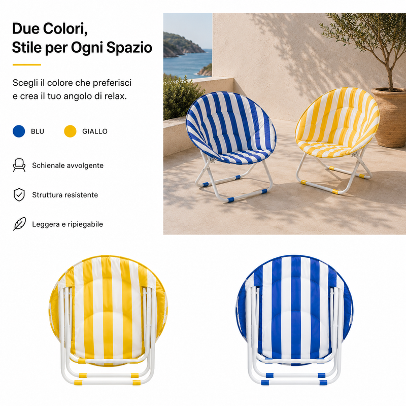 Poltrona Moon Pieghevole con Cuscino Imbottito, Sedia Relax da Giardino e Interno, Design Moderno, Blu o Giallo Klondo