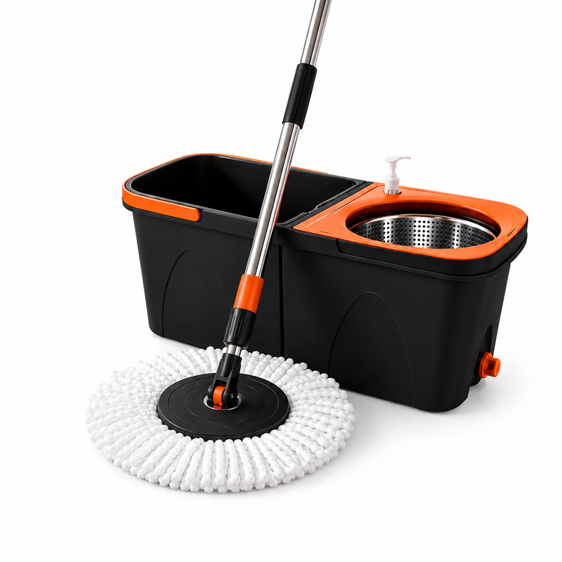 Set Mocio Rotante con Doppio Secchio e Centrifuga – Sistema Lavapavimenti con Cestello in Acciaio Inox, Testina Rotante 360°, Panno in Microfibra, Dispenser Detergente, Manico in Acciaio Klondo