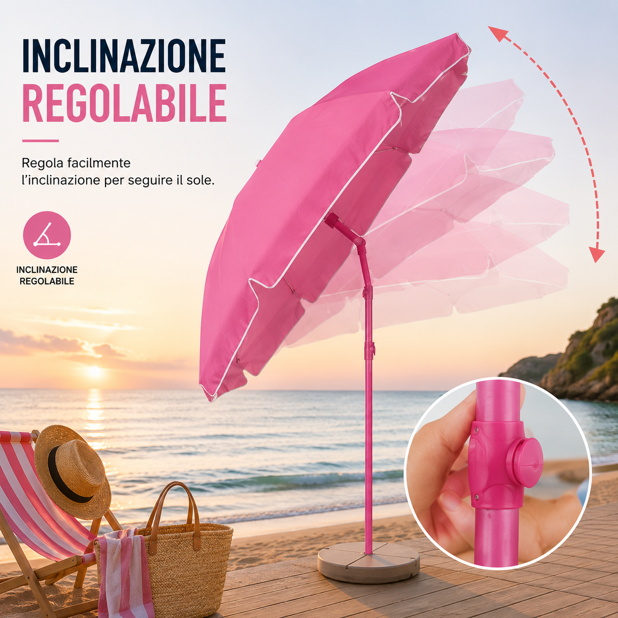 Ombrellone da Spiaggia Ø200 cm Pieghevole e Regolabile con Palo in Acciaio, 8 Stecche Resistenti, Completo di Sacca Klondo