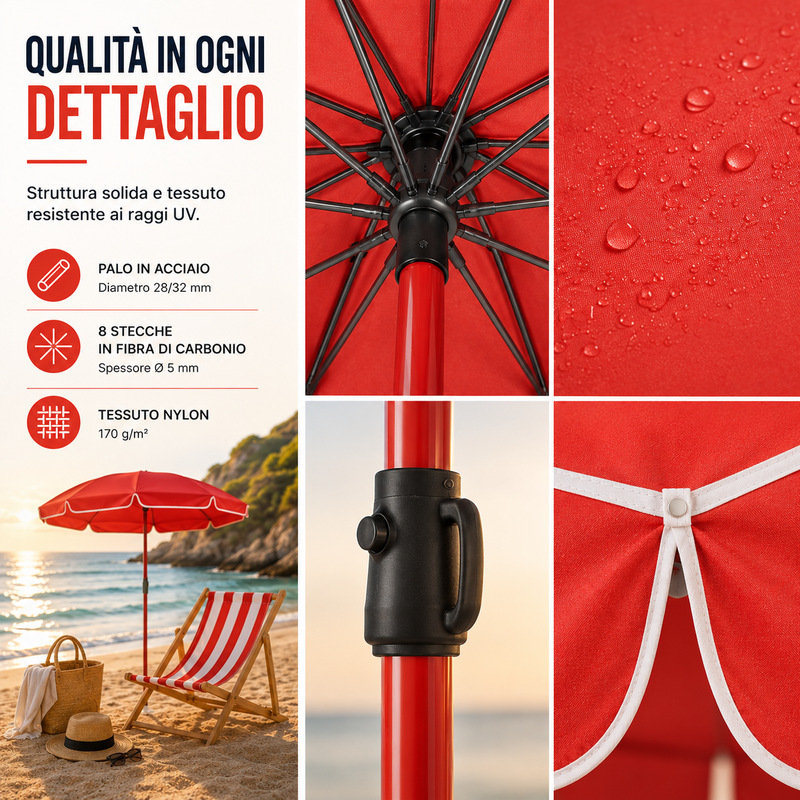 Ombrellone da Spiaggia Ø200 cm Pieghevole e Regolabile con Palo in Acciaio, 8 Stecche Resistenti, Completo di Sacca Klondo