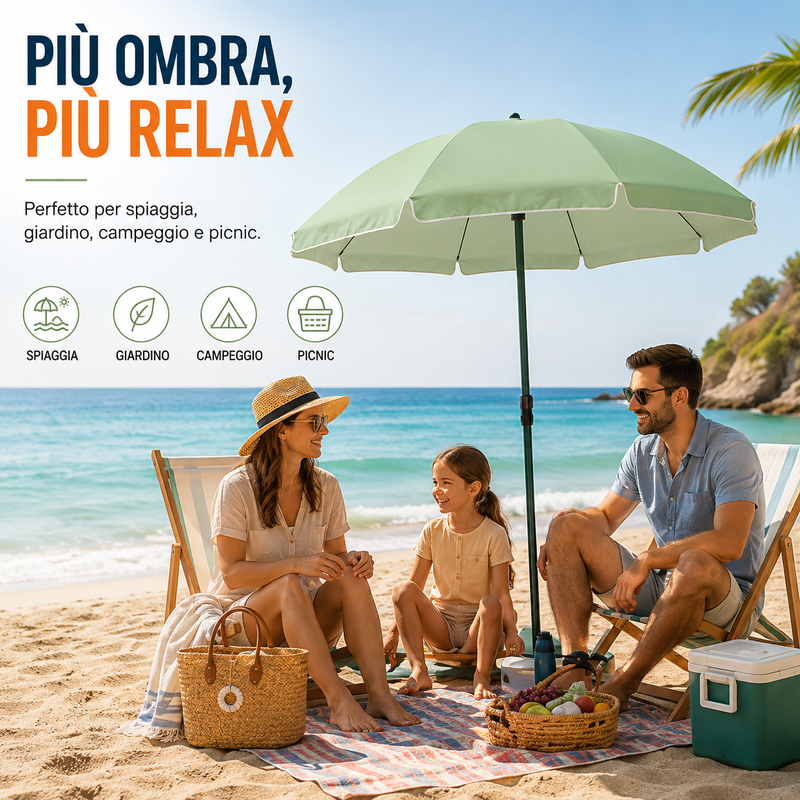 Ombrellone da Spiaggia Ø200 cm Pieghevole e Regolabile con Palo in Acciaio, 8 Stecche Resistenti, Completo di Sacca Klondo