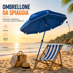 Ombrellone da Spiaggia Ø200 cm Pieghevole e Regolabile con Palo in Acciaio, 8 Stecche Resistenti, Completo di Sacca Klondo