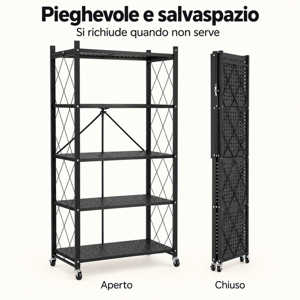 Scaffale Pieghevole in Metallo a 5 Ripiani con Ruote, 71 × 38 × 158 cm, Salvaspazio, Bianco o Nero Klondo