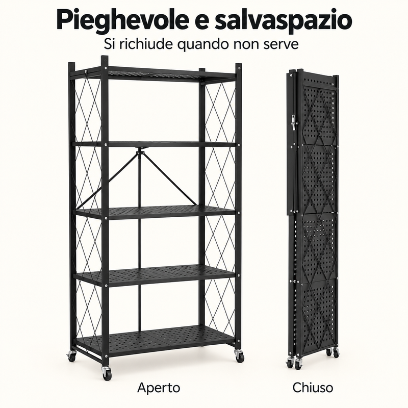 Scaffale Pieghevole in Metallo a 5 Ripiani con Ruote, 71 × 38 × 158 cm, Salvaspazio, Bianco o Nero Klondo