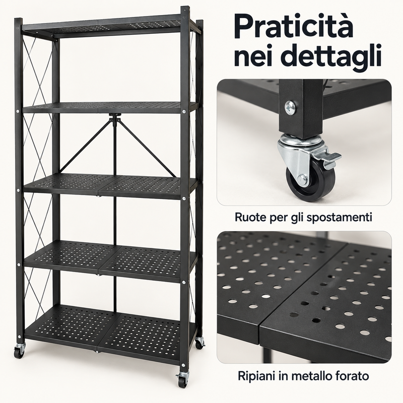 Scaffale Pieghevole in Metallo a 5 Ripiani con Ruote, 71 × 38 × 158 cm, Salvaspazio, Bianco o Nero Klondo
