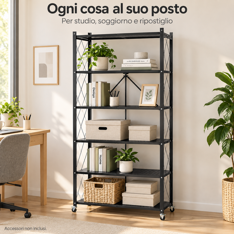 Scaffale Pieghevole in Metallo a 5 Ripiani con Ruote, 71 × 38 × 158 cm, Salvaspazio, Bianco o Nero Klondo