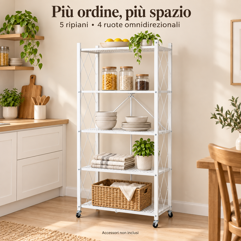 Scaffale Pieghevole in Metallo a 5 Ripiani con Ruote, 71 × 38 × 158 cm, Salvaspazio, Bianco o Nero Klondo
