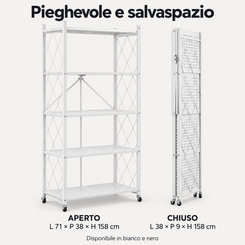 Scaffale Pieghevole in Metallo a 5 Ripiani con Ruote, 71 × 38 × 158 cm, Salvaspazio, Bianco o Nero Klondo