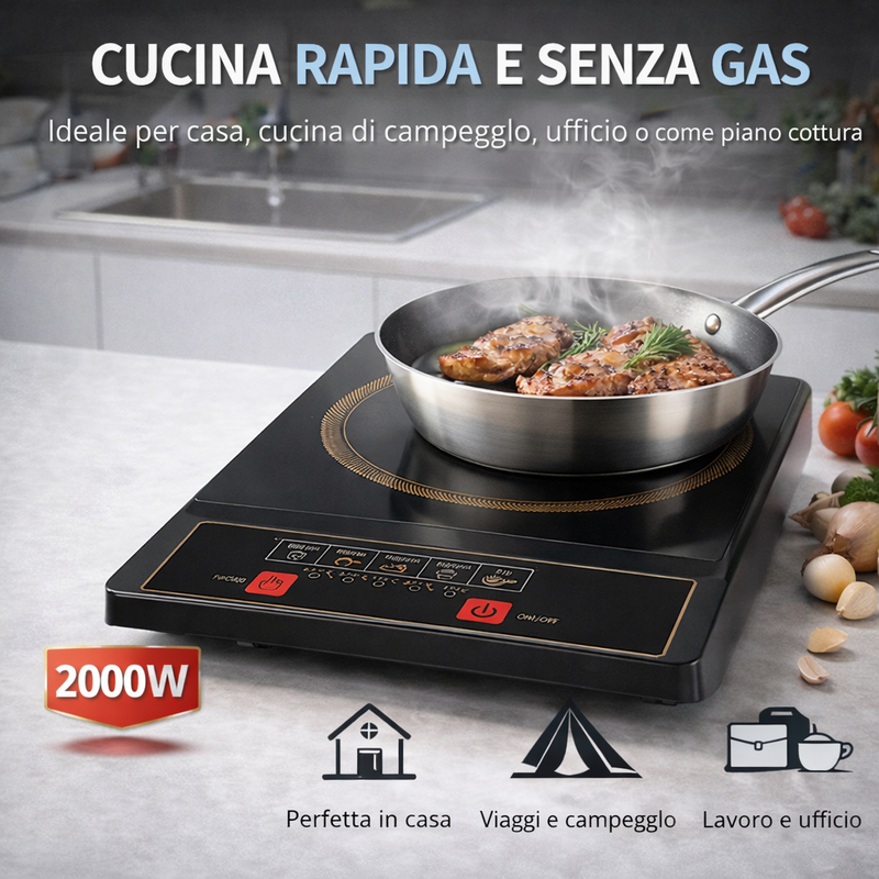 Piastra a Induzione Portatile 2000W – Con Controllo Touch e 5 Modalità di Cottura Klondo