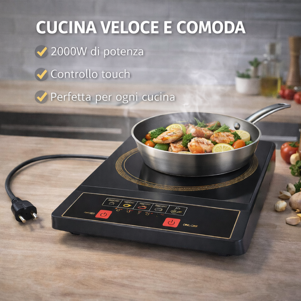 Piastra a Induzione Portatile 2000W – Con Controllo Touch e 5 Modalità di Cottura Klondo