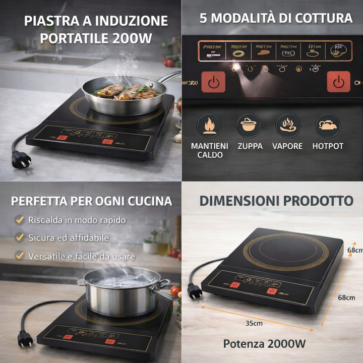 Piastra a Induzione Portatile 2000W – Con Controllo Touch e 5 Modalità di Cottura Klondo