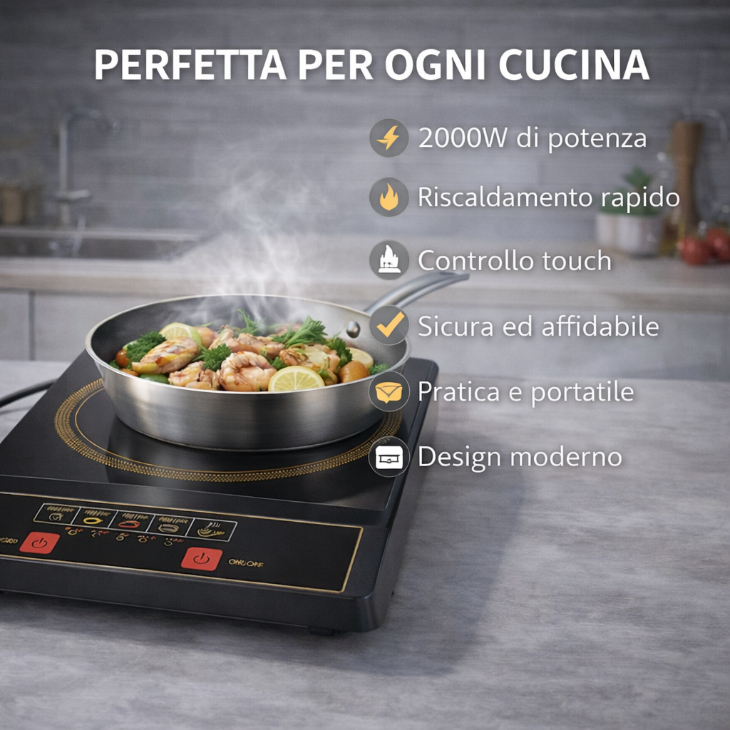 Piastra a Induzione Portatile 2000W – Con Controllo Touch e 5 Modalità di Cottura Klondo