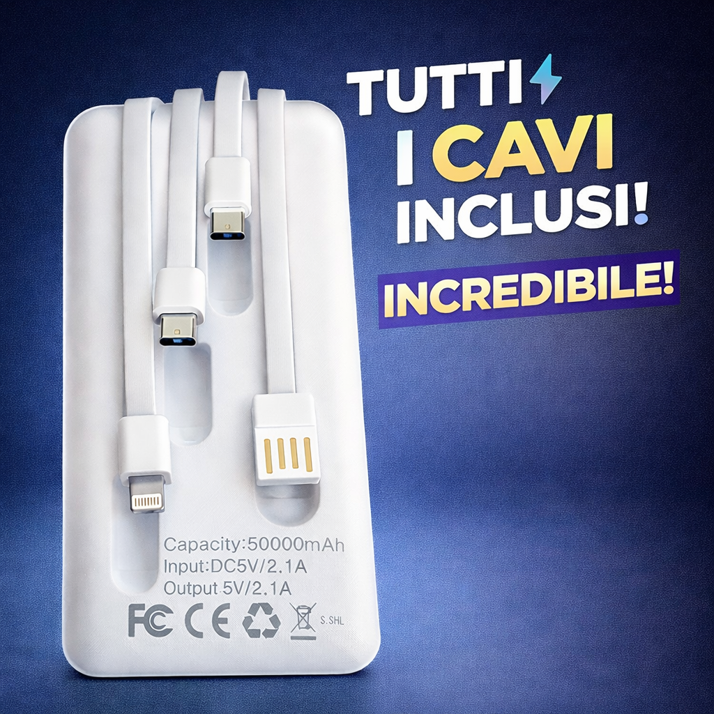 Power Bank Smart 50000mAh – Ricarica Rapida con Cavi Integrati e Display Digitale Klondo