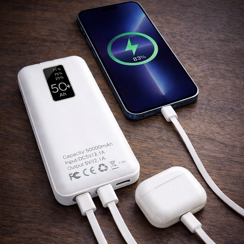 Power Bank Smart 50000mAh – Ricarica Rapida con Cavi Integrati e Display Digitale Klondo
