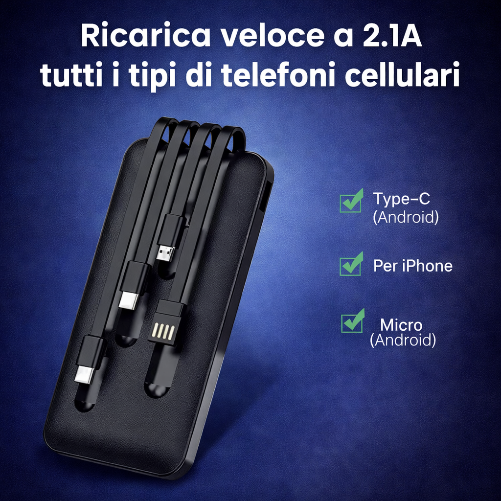 Power Bank Smart 50000mAh – Ricarica Rapida con Cavi Integrati e Display Digitale Klondo