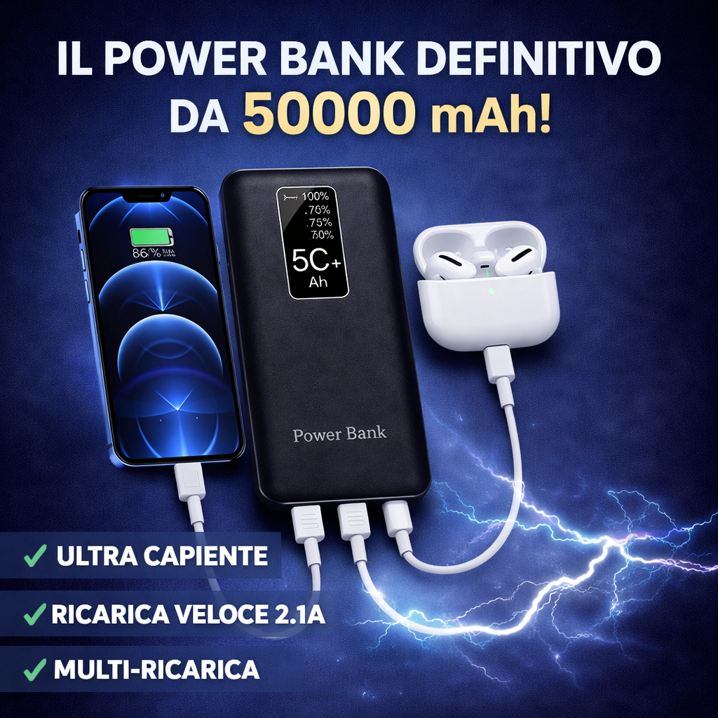 Power Bank Smart 50000mAh – Ricarica Rapida con Cavi Integrati e Display Digitale Klondo