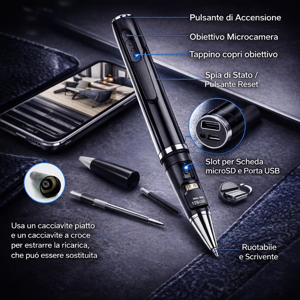 Penna Microcamera WiFi HD con Audio in Tempo Reale – Videoregistrazione 1080p con App e Memoria fino 128GB Klondo