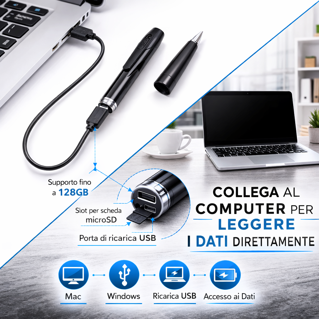 Penna Microcamera WiFi HD con Audio in Tempo Reale – Videoregistrazione 1080p con App e Memoria fino 128GB Klondo