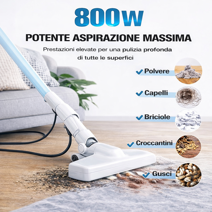 Aspirapolvere 12-in-1 Portatile e Verticale 800W – Ultra Leggero, Senza Sacco, con Accessori Multifunzione Klondo