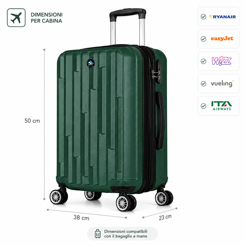 Trolley Rigido da Cabina 50x38x23 cm, Bagaglio a Mano Compatibile, 4 Ruote Girevoli 360°, Serratura a Combinazione Klondo