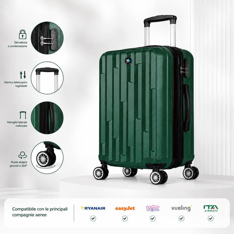 Trolley Rigido da Cabina 50x38x23 cm, Bagaglio a Mano Compatibile, 4 Ruote Girevoli 360°, Serratura a Combinazione Klondo
