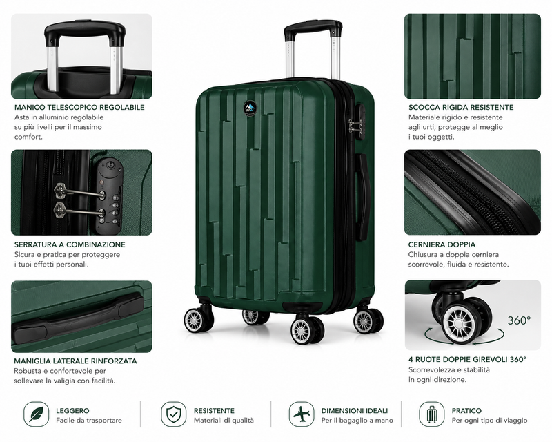 Trolley Rigido da Cabina 50x38x23 cm, Bagaglio a Mano Compatibile, 4 Ruote Girevoli 360°, Serratura a Combinazione Klondo