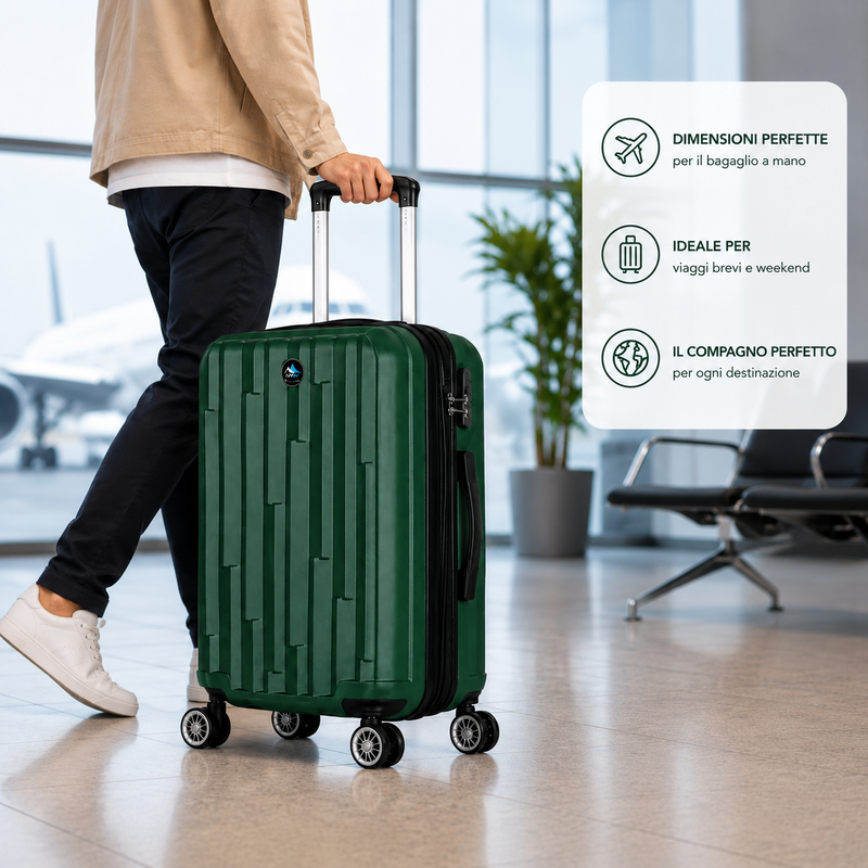 Trolley Rigido da Cabina 50x38x23 cm, Bagaglio a Mano Compatibile, 4 Ruote Girevoli 360°, Serratura a Combinazione Klondo