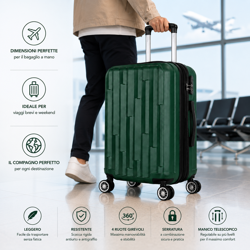 Trolley Rigido da Cabina 50x38x23 cm, Bagaglio a Mano Compatibile, 4 Ruote Girevoli 360°, Serratura a Combinazione Klondo