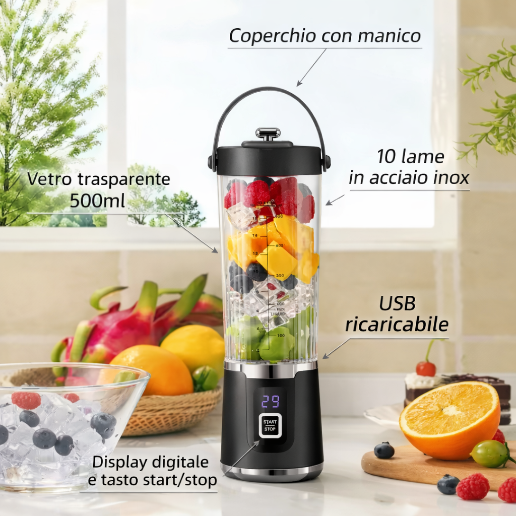 Frullatore Portatile Ricaricabile USB 500ml – Blender Multifunzione ad Alta Potenza con Lame in Acciaio Inox
