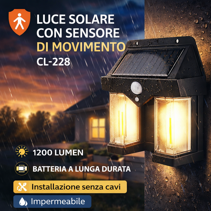 Lampada Solare da Esterno con Sensore di Movimento – LED Doppio, Impermeabile, Ricarica Automatica Klondo