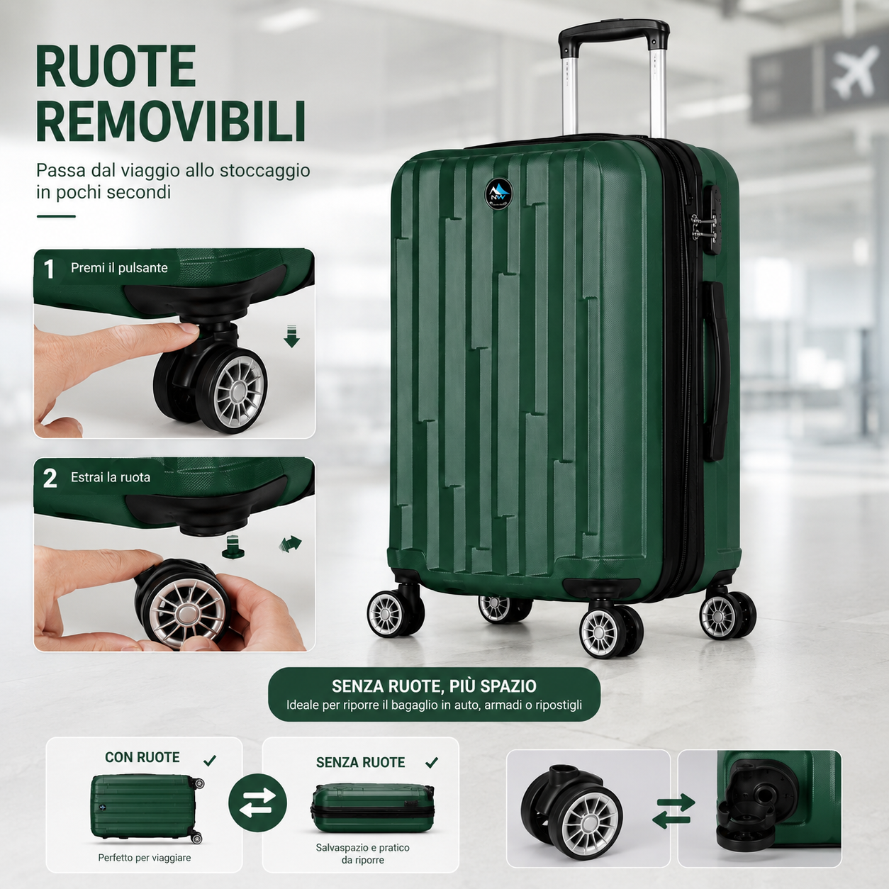 Trolley Rigido da Cabina 50x38x23 cm, Bagaglio a Mano Compatibile, 4 Ruote Girevoli 360°, Serratura a Combinazione Klondo