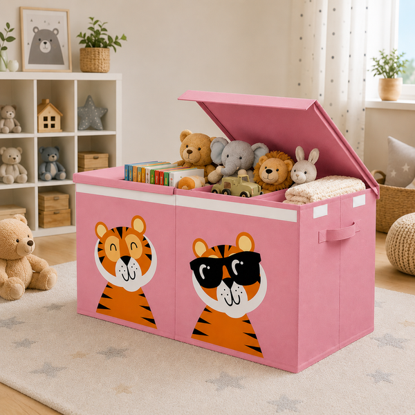 Box Contenitore Giocattoli Pieghevole 80L con Coperchio, Divisore Rimovibile, Salvaspazio, Contenitore Porta Giochi, Libri e Vestiti per Cameretta, Soggiorno e Camera Klondo