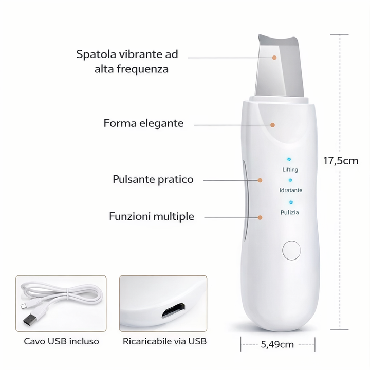 SkinPure Pro – Spatola Ultrasonica Viso 4-in-1 per Pulizia Profonda e Glow Effect Klondo