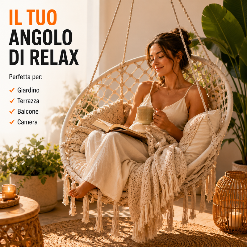 Amaca a Poltrona Sospesa in Cotone, Design Boho, per Interni ed Esterni Klondo