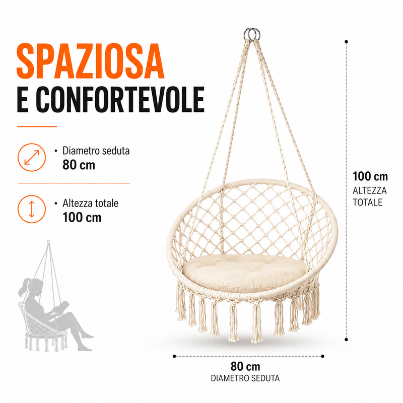 Amaca a Poltrona Sospesa in Cotone, Design Boho, per Interni ed Esterni Klondo