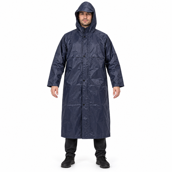 Impermeabile Lungo Antipioggia e Antivento Blu Scuro con Cappuccio e Visiera, Chiusura con Zip e Bottoni, Taglia Unica Klondo
