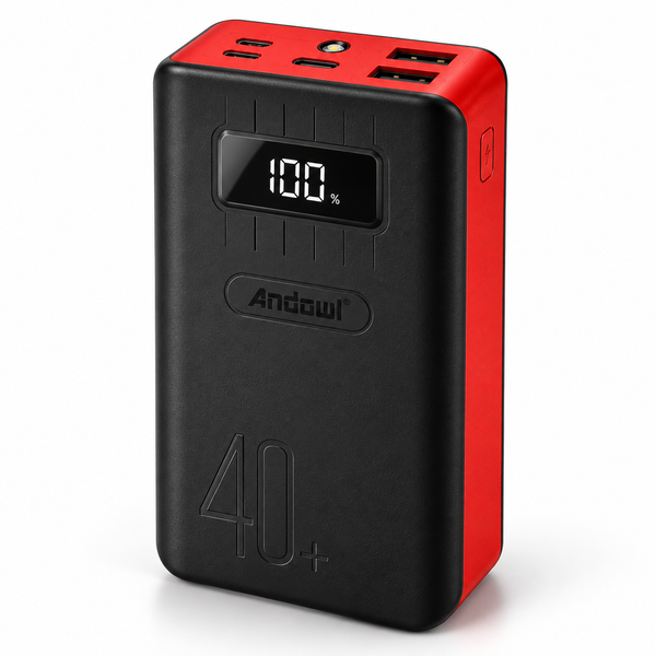 Power Bank 40.000 mAh con Display Digitale, 2 Uscite USB e Torcia LED – Nero e Rosso Klondo