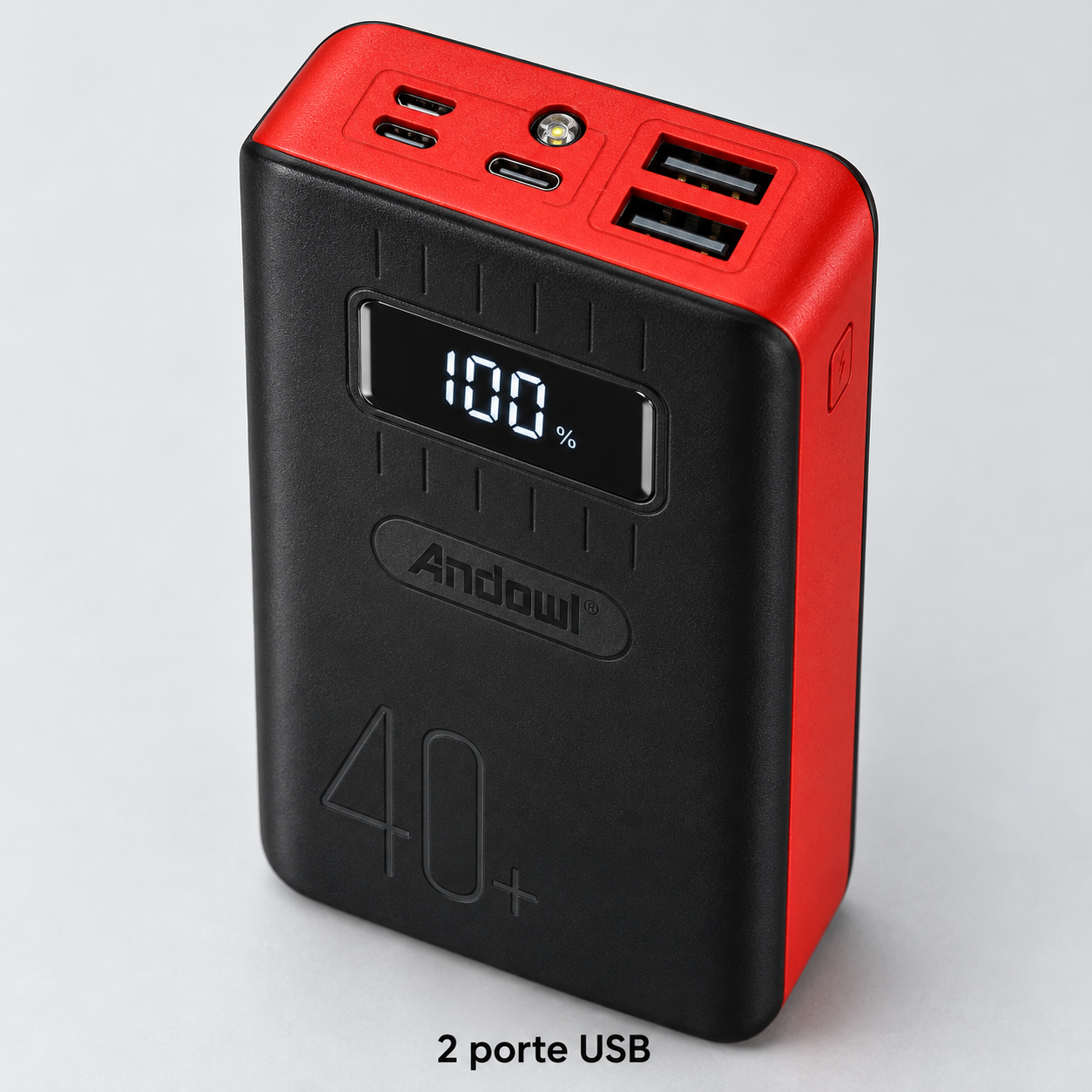 Power Bank 40.000 mAh con Display Digitale, 2 Uscite USB e Torcia LED – Nero e Rosso Klondo