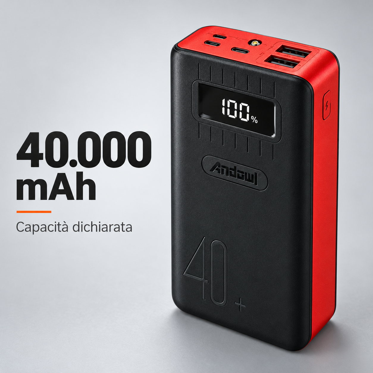 Power Bank 40.000 mAh con Display Digitale, 2 Uscite USB e Torcia LED – Nero e Rosso Klondo