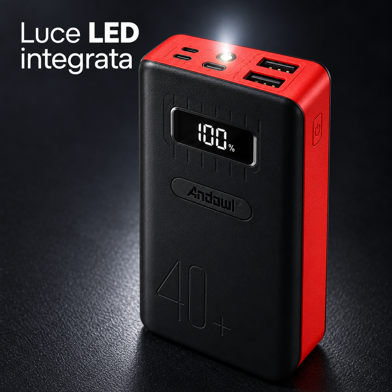 Power Bank 40.000 mAh con Display Digitale, 2 Uscite USB e Torcia LED – Nero e Rosso Klondo