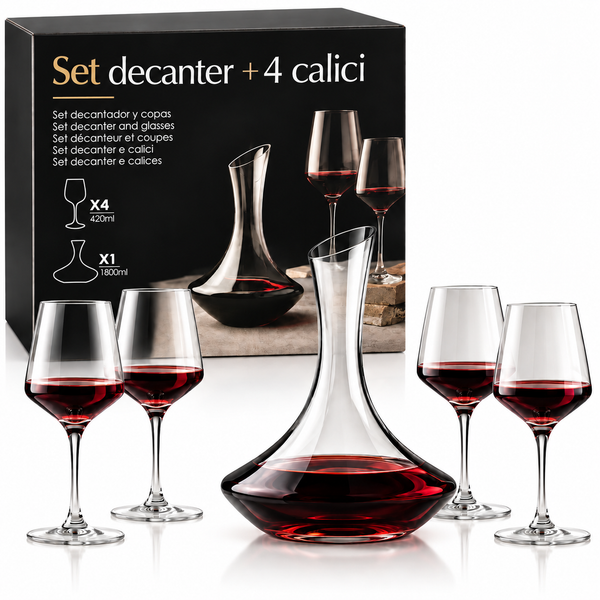 Set Decanter Vino con 4 Calici in Vetro – Caraffa Decanter 1800 ml + 4 Bicchieri da 420 ml, Set Elegante per Vino Rosso, Tavola, Cena, Regalo Klondo