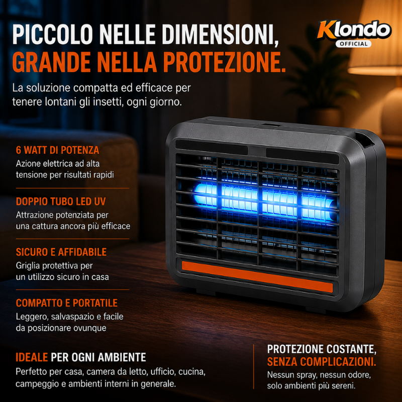 Lampada Antizanzare Elettrica UV Ricaricabile USB 6W con Base di Appoggio, Protezione per Interni ed Esterni Coperti Klondo
