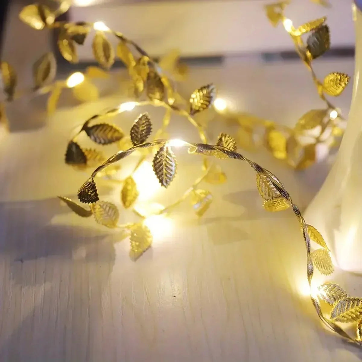 20/50/100LEDs Golden Silver Tiny Leaves Fairy Light Battery Powerd Artificial Plant Garland Vine Lights for Wedding Home Party Hinoki Milano